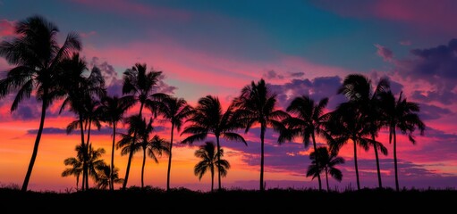 Obraz premium Beautiful, colorful sunset with silhouettes of palm trees against the sky