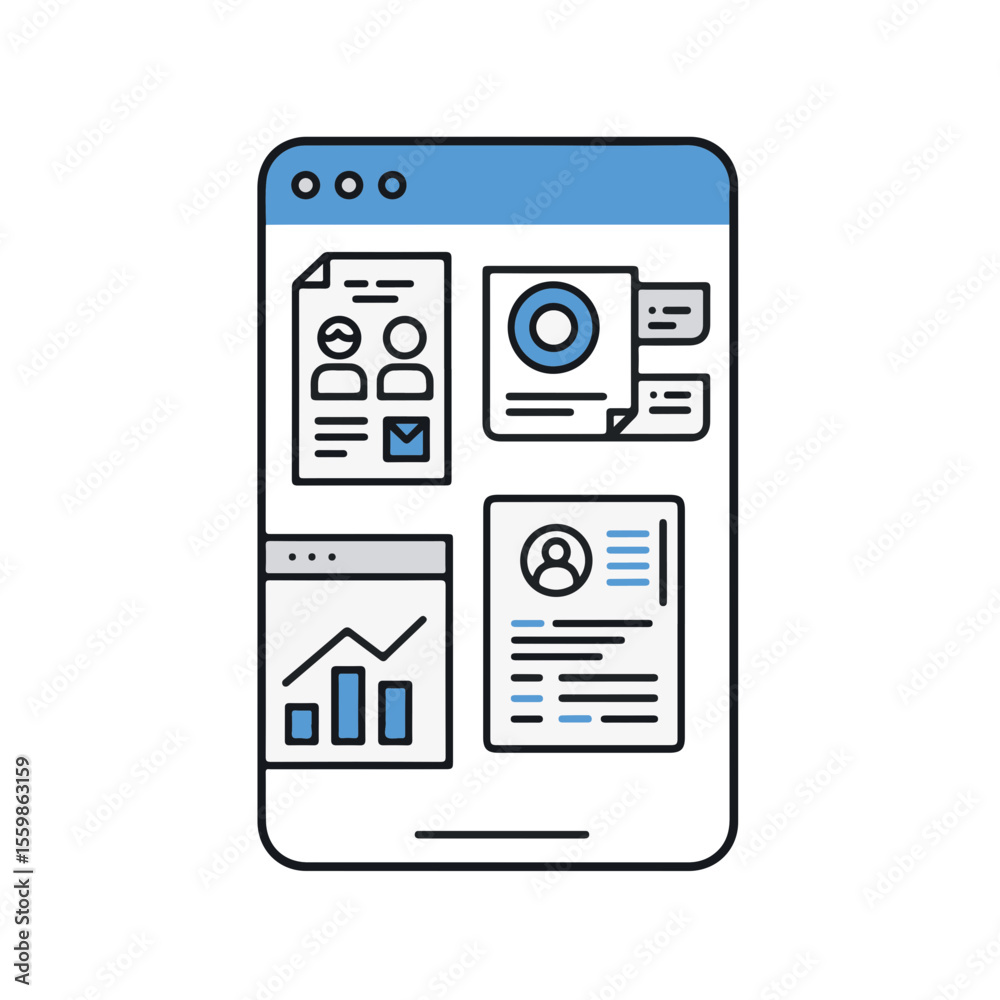 Poster smartphone interface showcasing various data analytics and user profile displays.