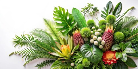 Exotic flora arrangement with vibrant green foliage and intricate flower patterns against a soft white background