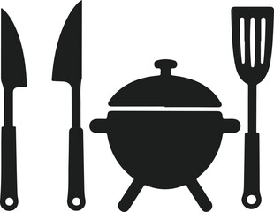 Silhouette of barbecue grill utensils and grill on white background