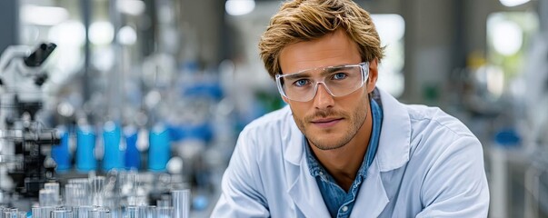 Environmental reform through h2 mobility and hydrogen startup concept. Young scientist in lab analyzing samples with focused expression.