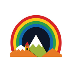 rainbow arcing over mountain village vector art