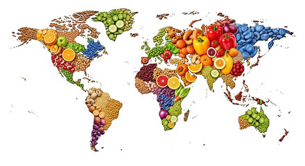 Fototapeta premium A world map made of various fruits vegetables and grains on a white background showing continents