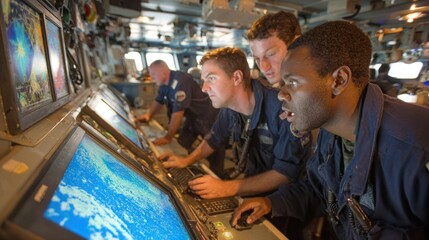 Crew members engaged in the operation of an interactive touchscreen interface analyzing oceanographic data while coordinating mission protocols representing the human element in maritime