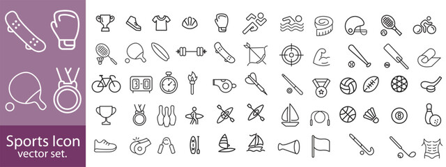 Sport Line Editable Icons set. Contain icons related to baseball, basketball, soccer, and other sports. Editable stroke. Vector illustration