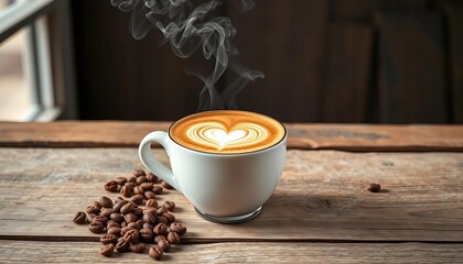 Steaming cappuccino, cocoa heart design, rustic wooden table, dark, table