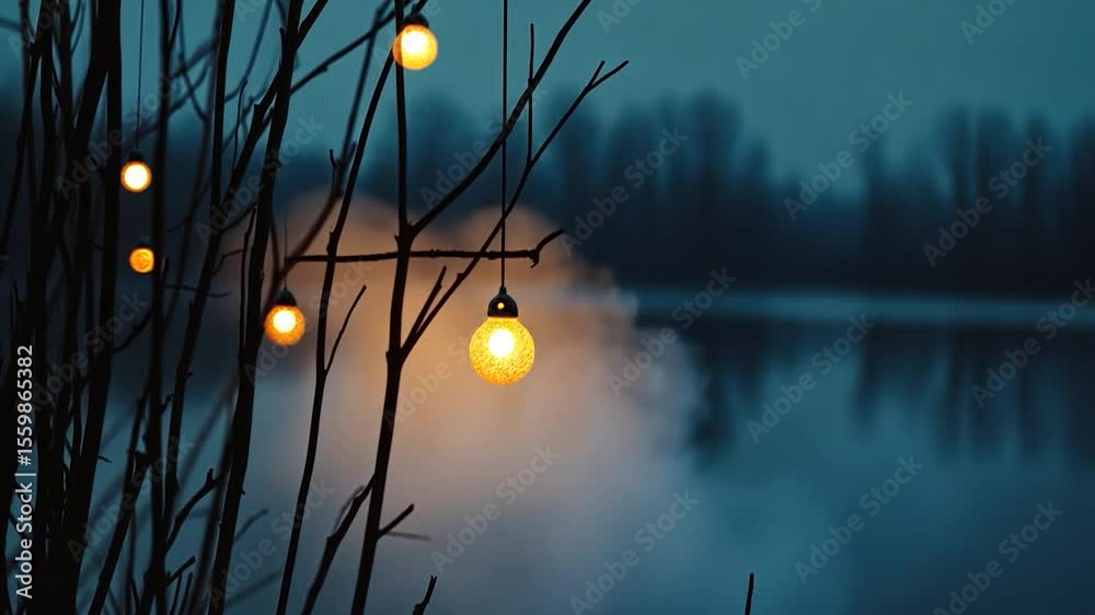 Poster silhouette of trees with warm-light bulbs over a calm lake at twilight