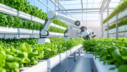 Advanced robot actively working on green plants in a controlled greenhouse environment
