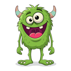 A cheerful and furry light green cartoon monster with small, striped horns and a wide, happy smile revealing its tongue.

