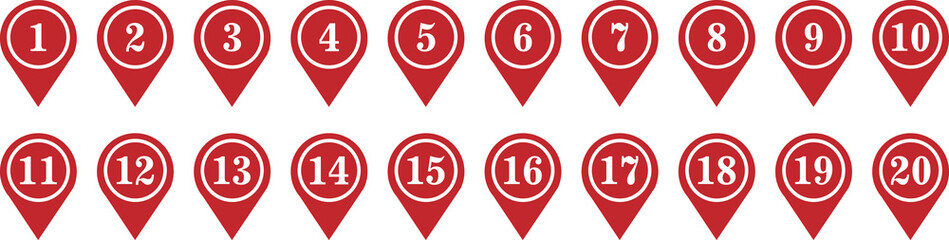 Red Location Pin Number Markers Set from 1 to 20