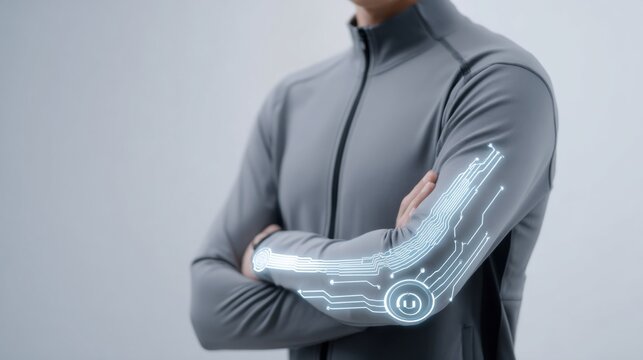Person wearing futuristic smart clothing with glowing health monitoring interface on sleeve, minimal tech background