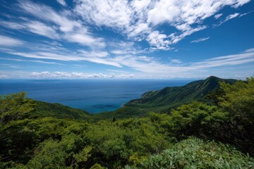 Naklejka premium the ocean from above, with a blue sky and sea view in summer, featuring a green forest on the mountain top