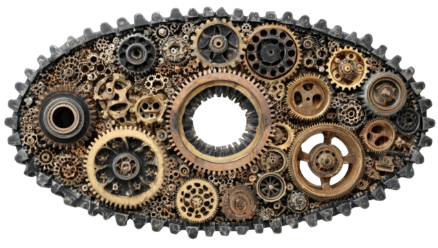 Oval-shaped art piece; intricate arrangement of gears, sprockets, and other machine parts, creating a complex design