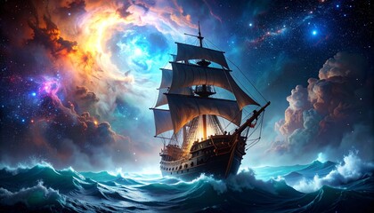 Pirate ship surrounded by cosmic maelstrom nebula in a vast ocean of colorful wonders