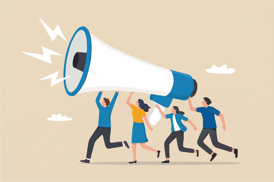 Group of people carrying a giant megaphone isolated on transparent background