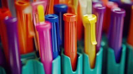 Colorful pens in teal holder, close-up, stationery store background, office supplies