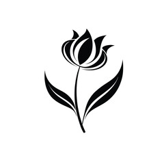 Stylized tulip in delicate black and white silhouette style with flowing stem and leaf design, high contrast  isolated on white background in Adobe Illustrator Artwork