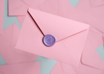 Beautiful invitation envelope with wax seal on glass surface, top view