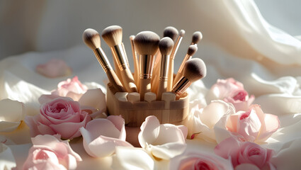 make up brushes on rose petals image for advertisement 