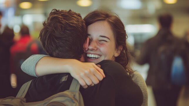 Airport reunion hug, joyful couple embracing amidst travelers