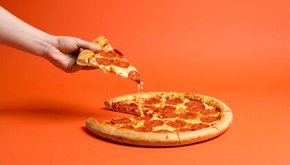 side view of a full rounded pizza with peperoni and one slice coming up with cheese melting in between isolated on white background photo, clean solid orange background 