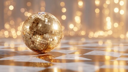Obraz premium Golden disco ball rests on a shimmering checkered floor, bathed in warm, celebratory light.