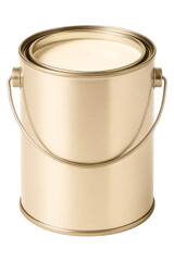 Metal paint can with open lid reveals glossy light beige paint inside on a transparent background