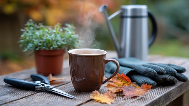 steaming mug of tea on wooden bench with gardening gloves and pruners nearby, autumn leaves and thermos
