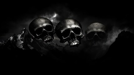 Three Skulls Hovering Over a Moonlit Mountain Range: A Dark, Dramatic Digital Art Composition