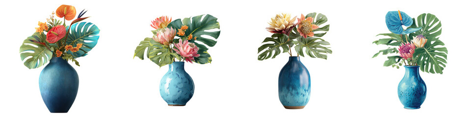 Tropical Flower Arrangements in Blue Vases: Watercolor Style
