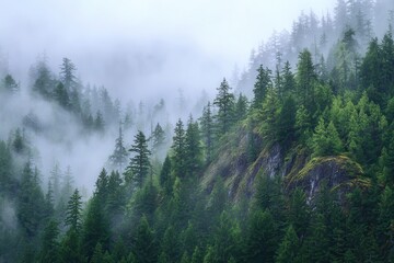 Obraz premium Foggy evergreen forest