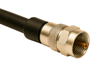 Close up of a coaxial cable with a metal screw on connector on a transparent background
