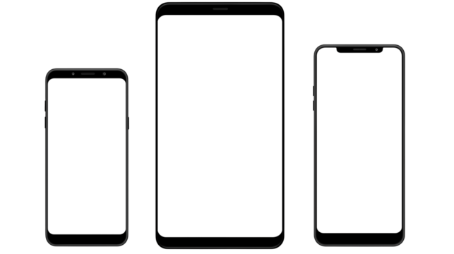 Three smartphones arranged Isolated on transparent Background offer diverse sizes for tech presentations.