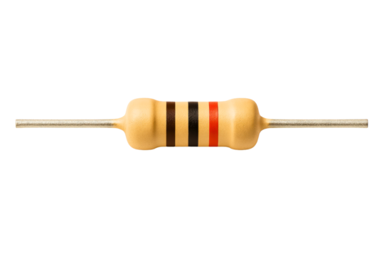 Macro photo of an electronic resistor with color code bands on a transparent background