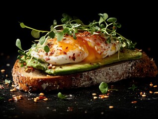 A rustic avocado toast with poached egg, microgreens, and chili flakes, served on sourdough bread