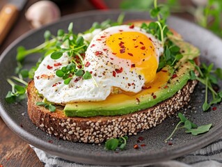 A rustic avocado toast with poached egg, microgreens, and chili flakes, served on sourdough bread