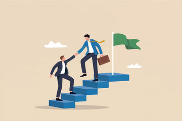 Two businessmen helping each other climb stairs towards a flag isolated on transparent background