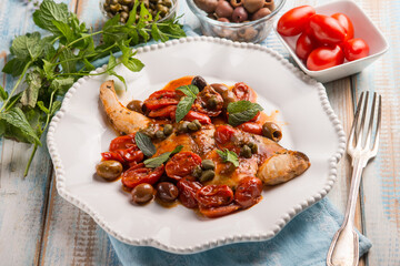 sword fish with olives capers and tomatoes