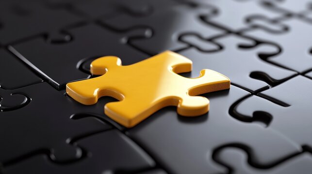 A single bright yellow puzzle piece sits on a dark background of many black puzzle pieces