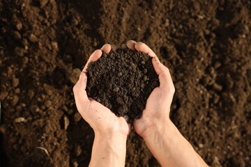 Man holding pile of soil in field, top view