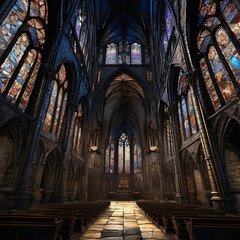 Layered Composition of Gothic Cathedral in Blueprint Style