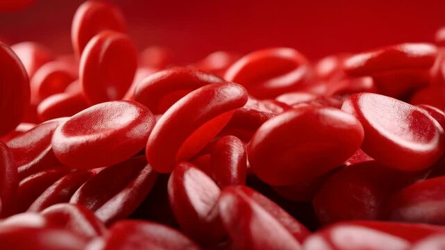 Close-up view of numerous red blood cells flowing, showcasing human anatomy and circulation for medical or scientific illustration and research.