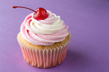 Single Pink and White Frosted Cupcake with Cherry on Top on Purple Background