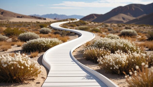 Winding white path through desert