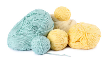 Colorful knitting yarn and felting wool isolated on white
