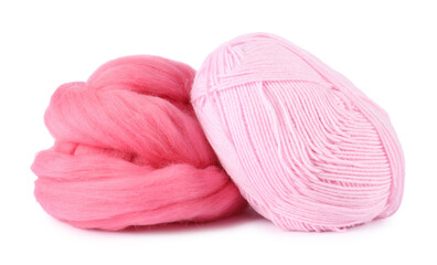 Felting wool and knitting yarn isolated on white