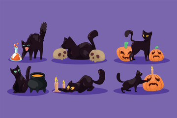 Black cats with skulls potions pumpkins cauldron  candles on a violet background