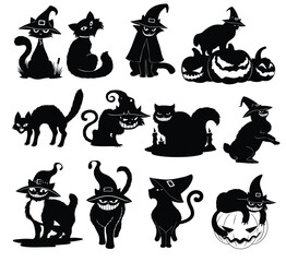 Black silhouettes of Halloween cats with witch hats  grins