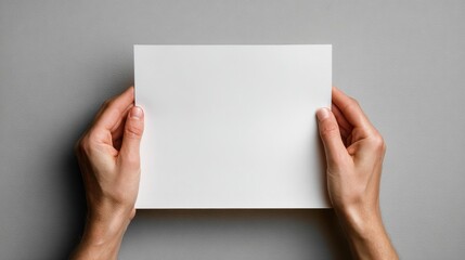 Obraz premium Hands gently hold a blank white paper against a neutral gray background, offering a clean and simple design element perfect for presentations or