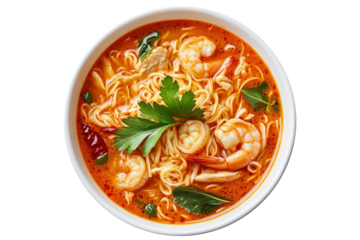 Spicy shrimp noodle soup Tom Yum served in bowl, garnished with lime wedges and parsley, isolated on white transparent background, concept of Asian cuisine